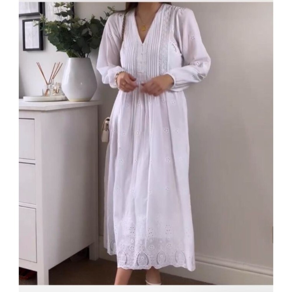 Zara Women's Cotton Embroidered Midi Dress Oyster White V-Neck Sz Small